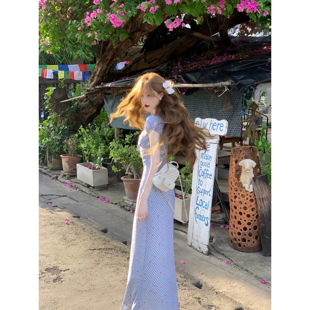 23日新品95折蕾丝格调复古泡泡袖连衣裙格纹蕾丝拼接夏季长裙