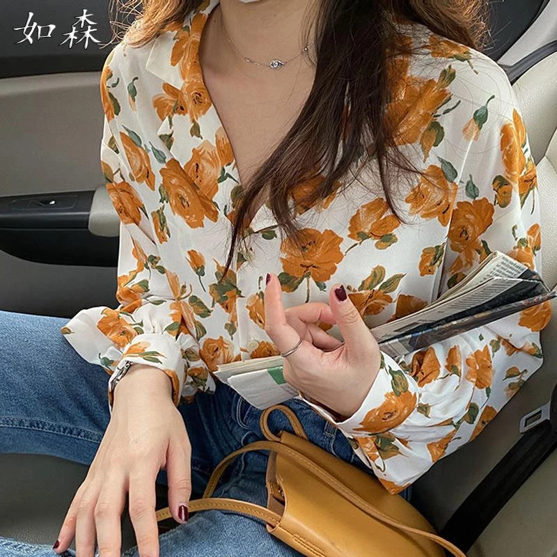 复古港风花衬衫黄色长袖2025夏季新款怀旧chic上衣港味雪纺衬衣女
