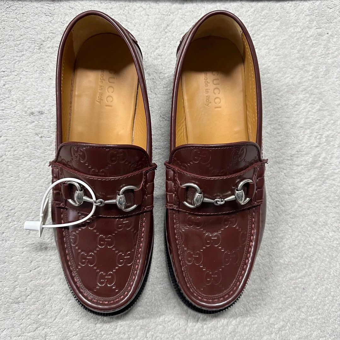 95新  GUCCI古驰 Horsebit 酒红色乐福鞋 7码 D19982