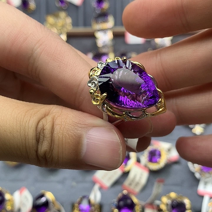 戒指银S925镀金镶嵌水晶
