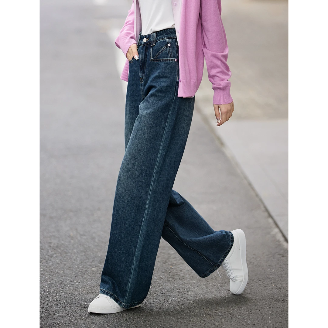 XWI/欣未复古水洗显高窄版直筒牛仔裤2025春季百搭休闲百搭阔腿裤