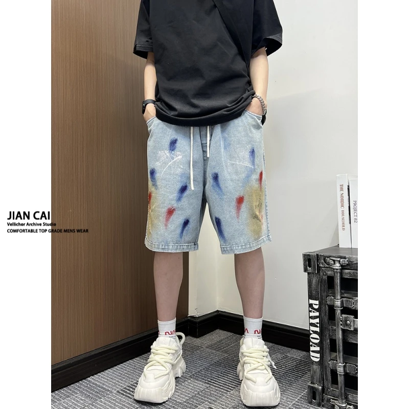 美式牛仔短裤男款夏季潮牌复古做旧直筒宽松泼墨涂鸦脏脏五分裤子