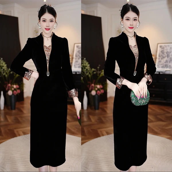 【墨色璀璨】2025秋季新款收腰显瘦洋气减龄轻奢女人味黑色连衣裙