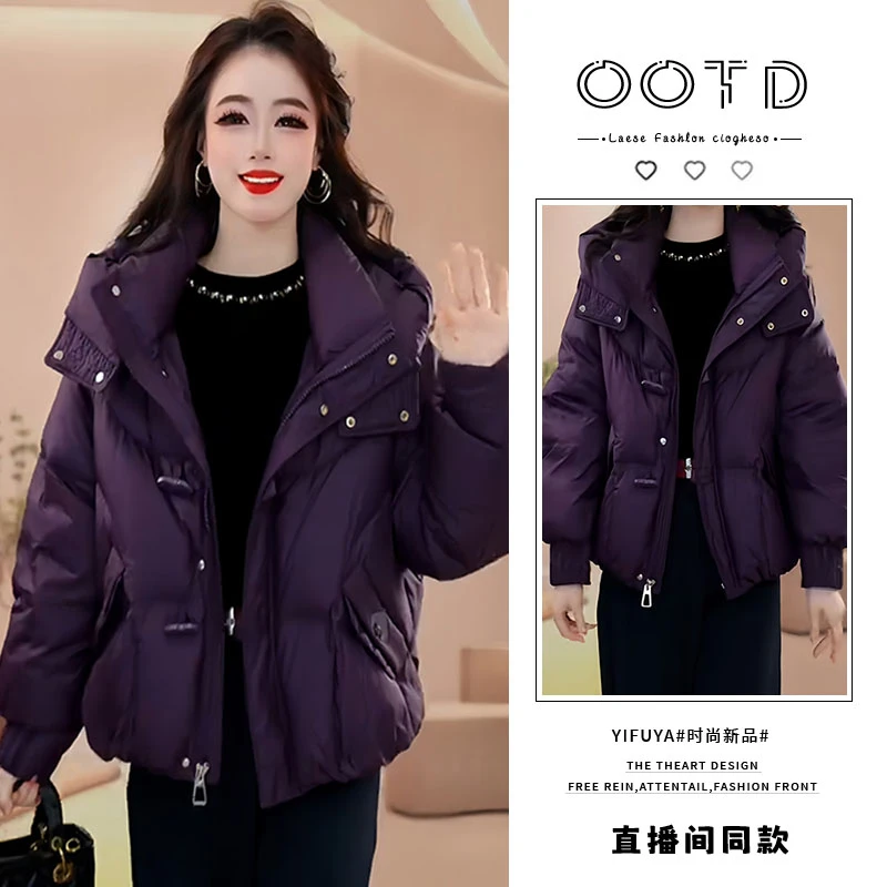 欧货慵懒风长袖连帽棉服女2025冬季新款加棉加厚宽松遮肉显瘦外套