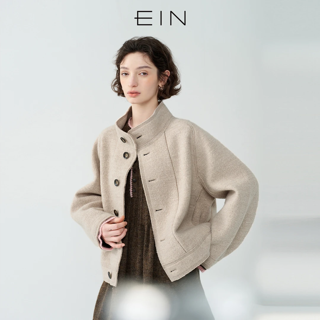 EIN/言轻工装绵羊毛双领型设计复古箱型短大衣女2025早秋新款