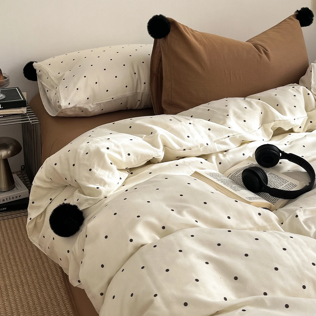 ins简约毛球小波点全棉双层纱四件套100%纯棉被套床单床上用品1.8