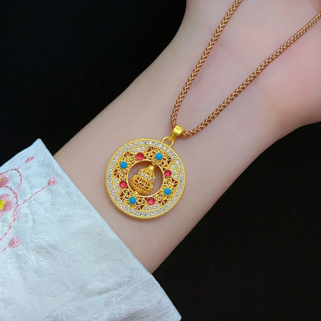 宝裕华黄金足金999 新中式古法莫桑吊坠 绿松石镂空转动葫芦