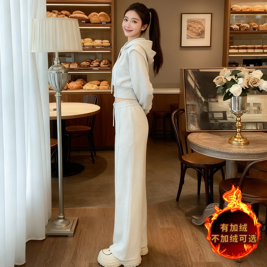 休闲运动套装女秋冬新款短款收腰连帽卫衣阔腿长裤两件套时尚气质