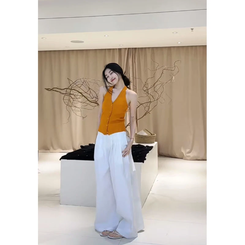 2025夏季新款气质修身V领无袖马甲背心上衣高腰宽松百搭阔腿裤女