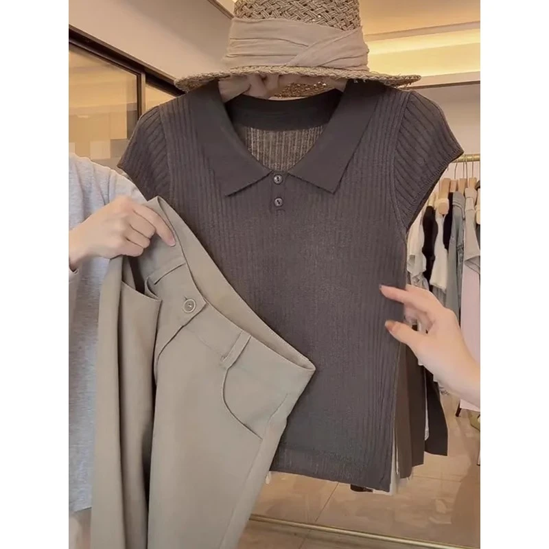 简约polo领冰丝短袖针织衫夏季新款时尚韩版显瘦百搭短款T恤小衫