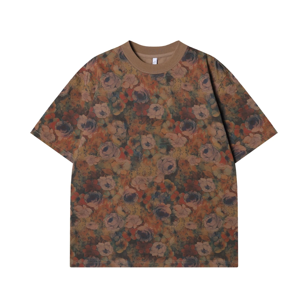 夏季高级感新款潮牌扎染满印月季圆领短袖T恤休闲重磅设计师上衣