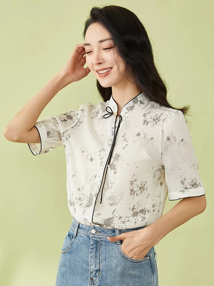 复古新中式水墨印花盘扣短袖衬衫女夏季轻国风气质上衣