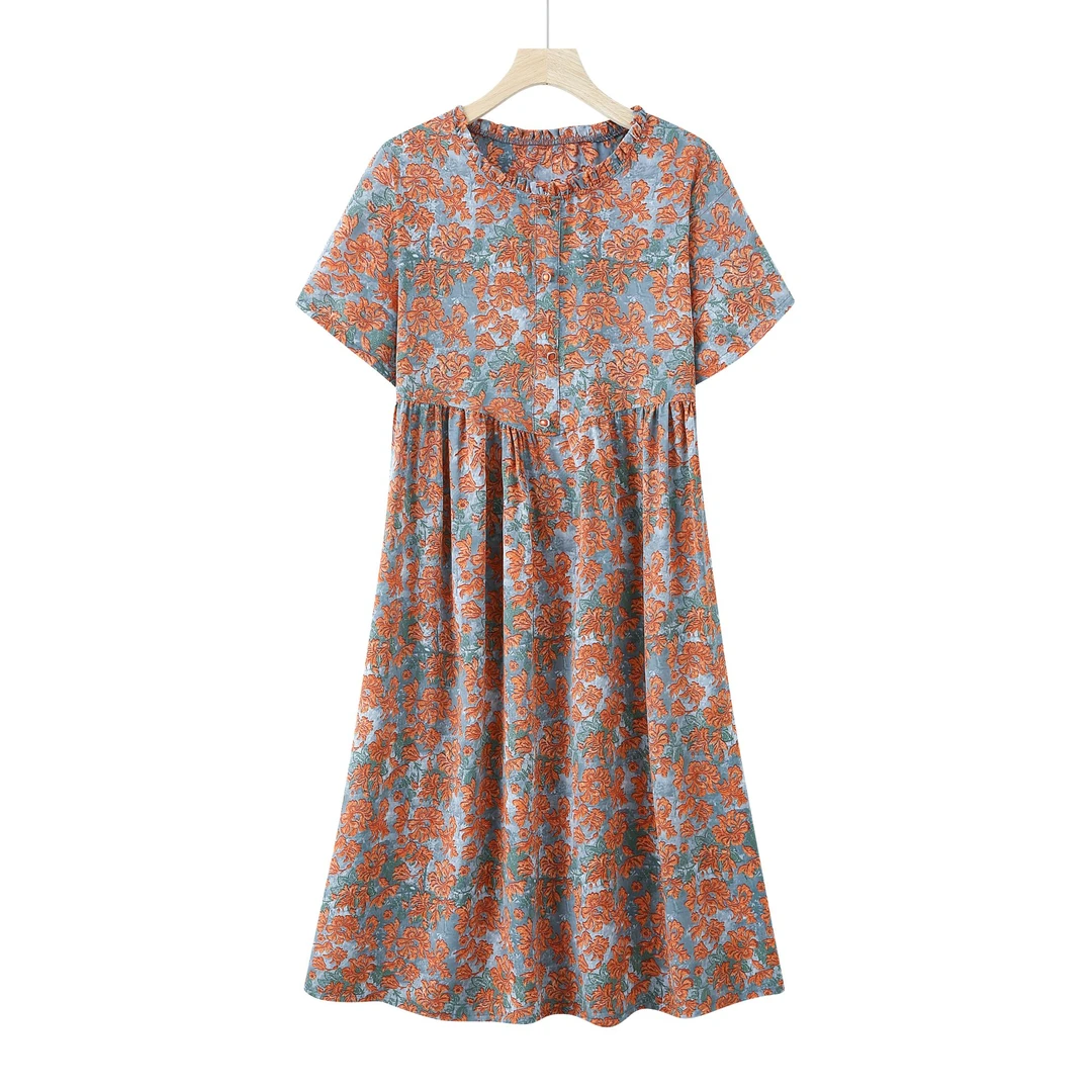 9663-夏季新款印花女装伞裙碎花气质复古长款连衣裙(F仓）