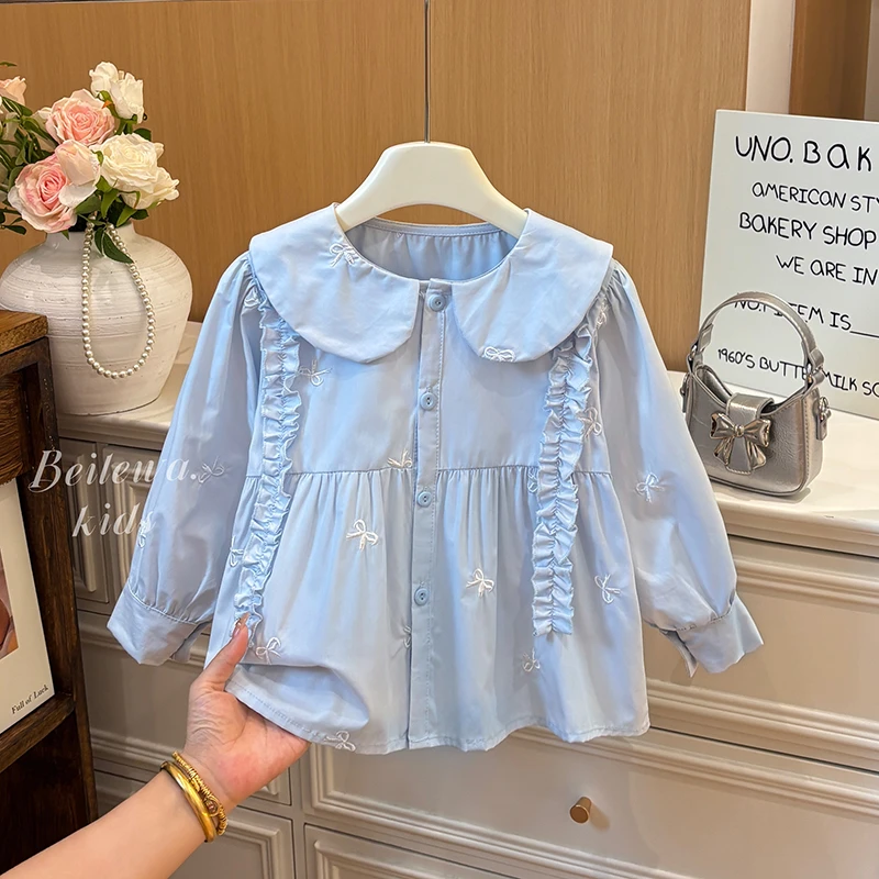 女童长袖棉质娃娃衬衣女宝秋季新款韩版小女孩女童长袖衬衣