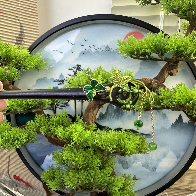 X627短问道绿叶旗袍头饰发饰复古古风古典手工气质国风手工木发簪