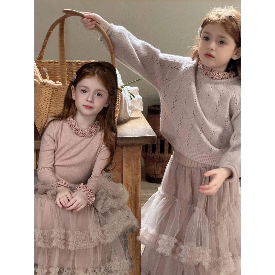 6岁女孩秋冬套装童装女童针织粉紫打底衫韩系儿童套头内搭上衣毛