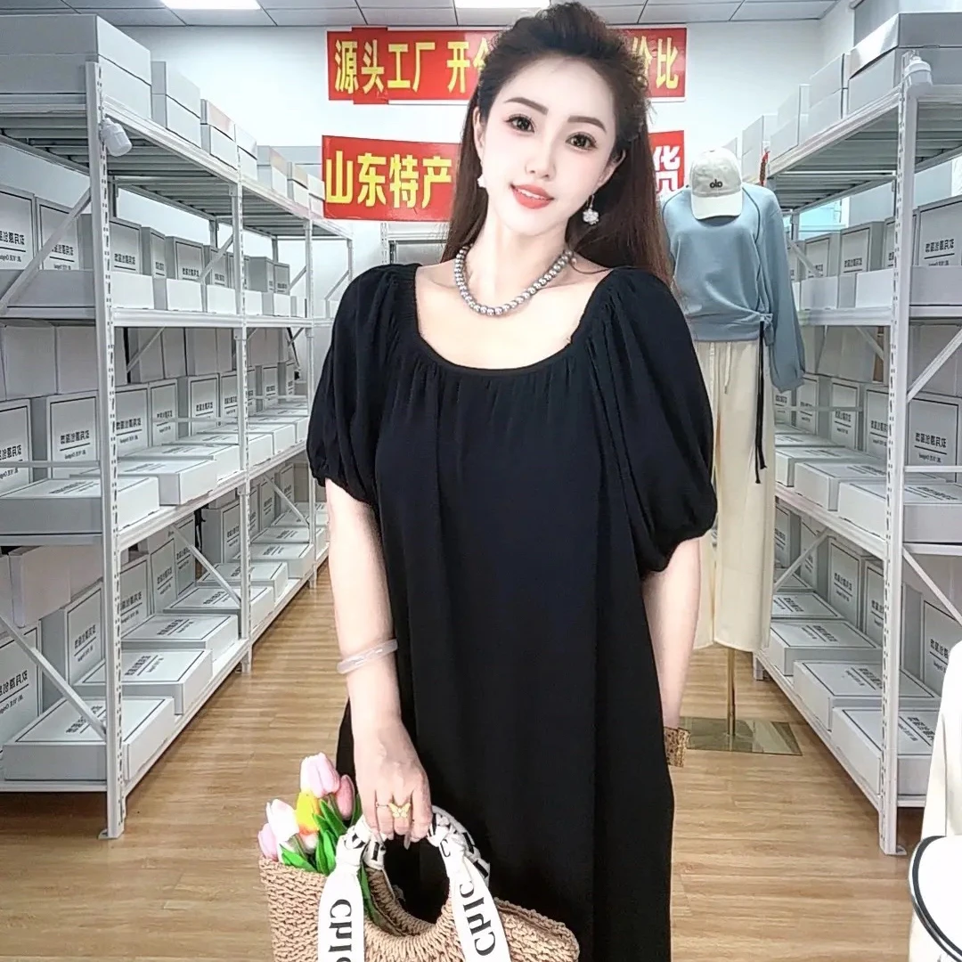 【现货80支棉绸】夏季赫本风气质显瘦纯色法式高贵女士方领连衣裙