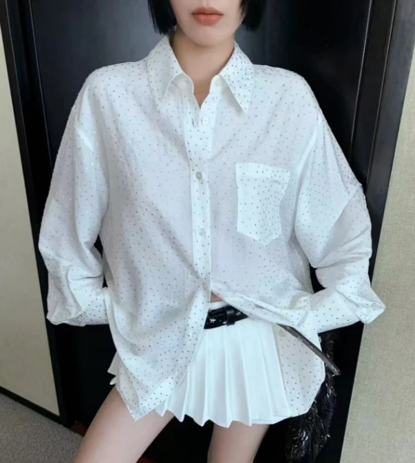 [带钻衬衫衬衣]陈思思2025春季新款时尚百搭爆款白色气质长袖衬衫