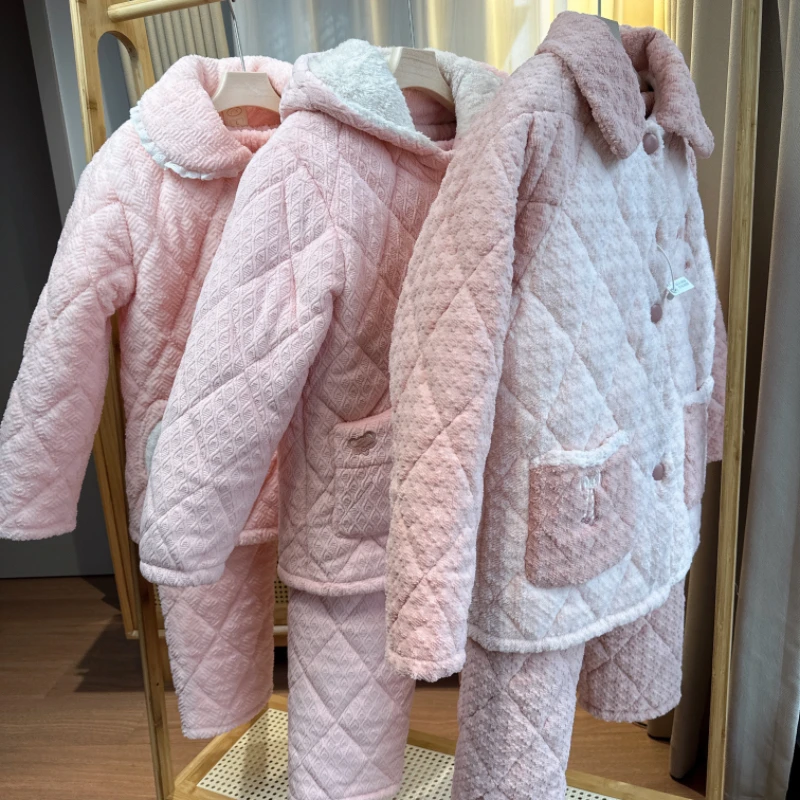 女款家居服套装保暖家居服冬季加厚秋冬三层加绒加厚睡衣