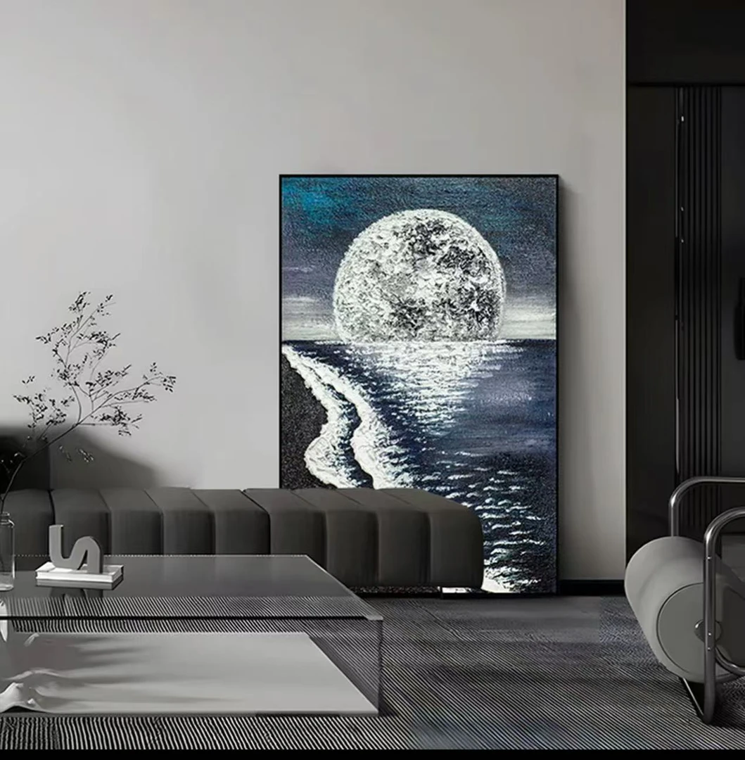 《月亮海浪立体肌理油画》客厅沙发玄关高级感简约装饰画80120