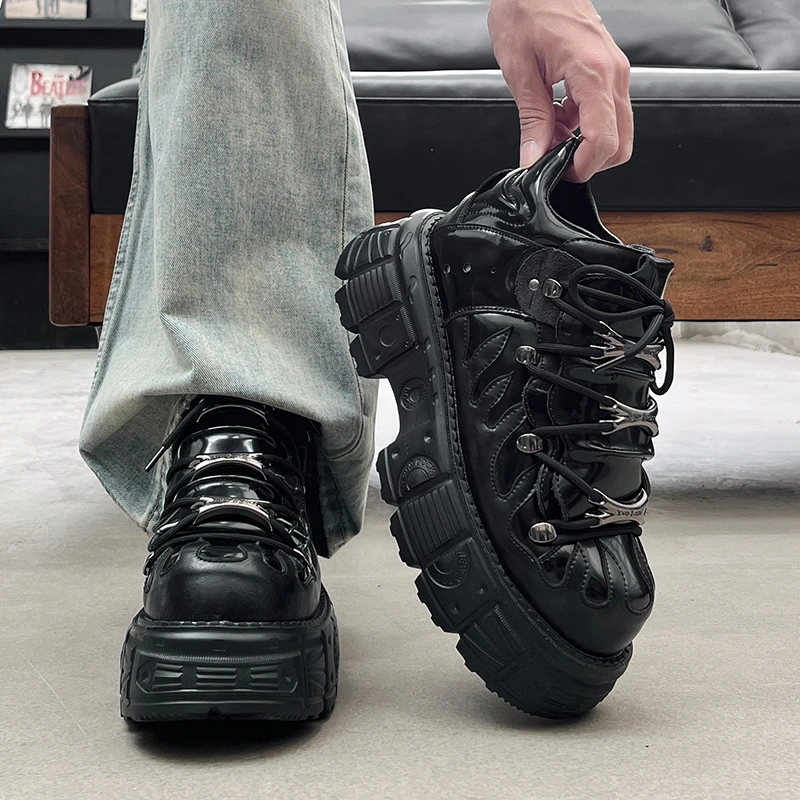 复古摇滚鞋西班牙暗黑松糕鞋朋克皮鞋男英伦风金属高帮厚底老爹鞋