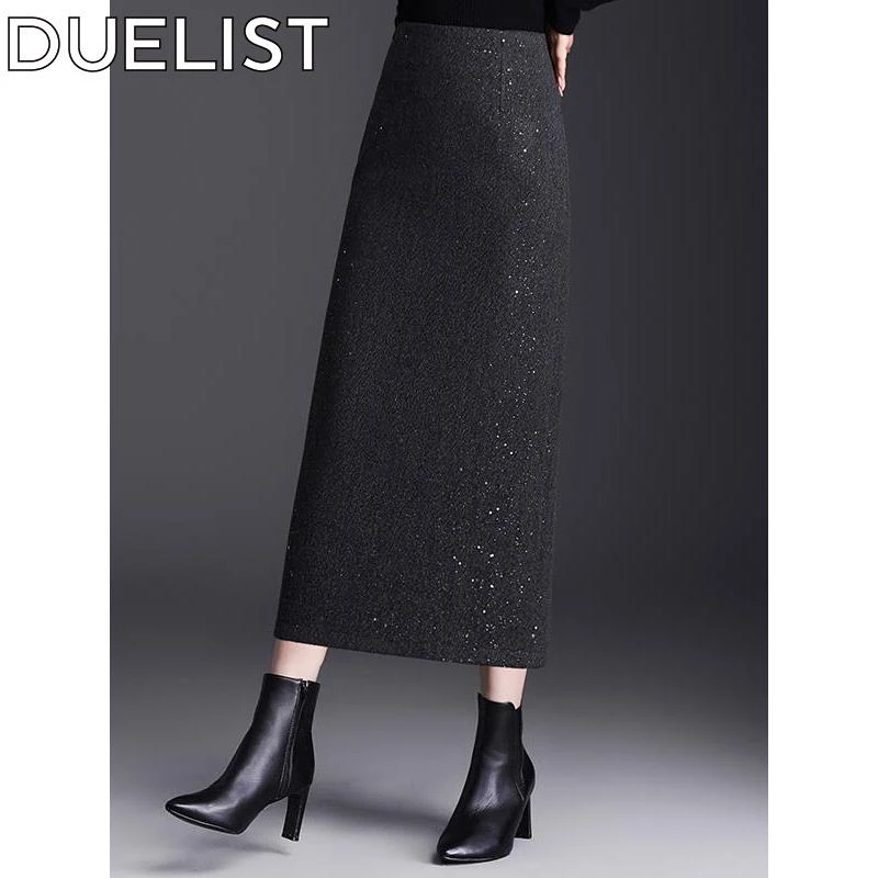 DUELIST明亮的半身裙子女士秋冬新高腰臀裙中长优雅的开衩一步裙