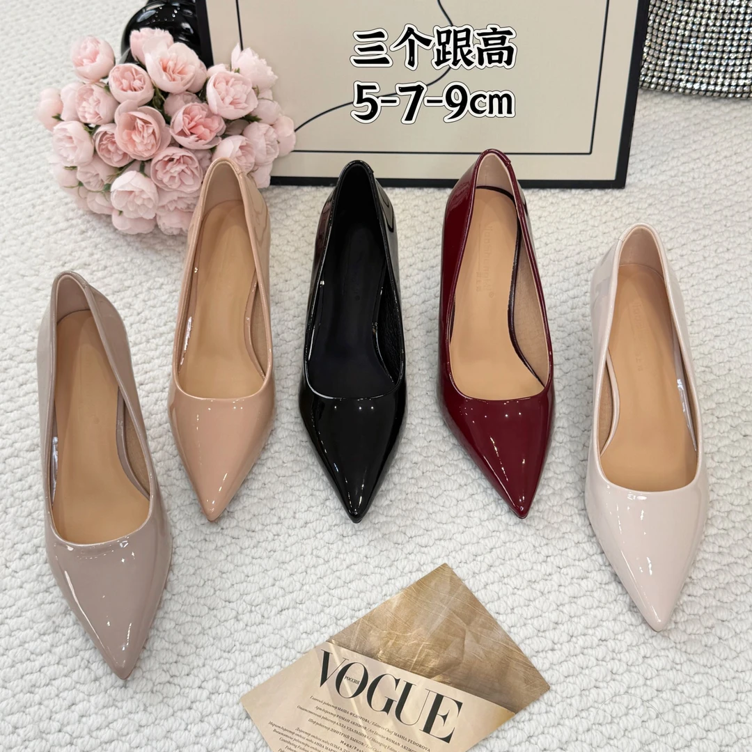 5-7-9厘米~5个颜色~法式真皮高跟鞋女百搭单鞋细跟尖头时髦小姨风