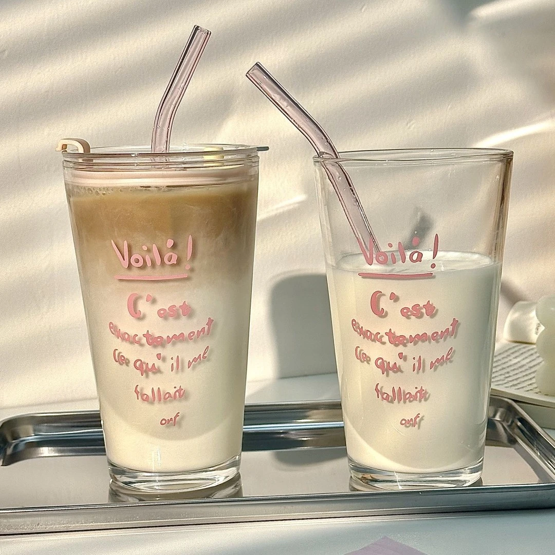 少女ins高颜值法式饮料吸管杯咖啡奶茶冷饮杯夏季女带盖玻璃水杯