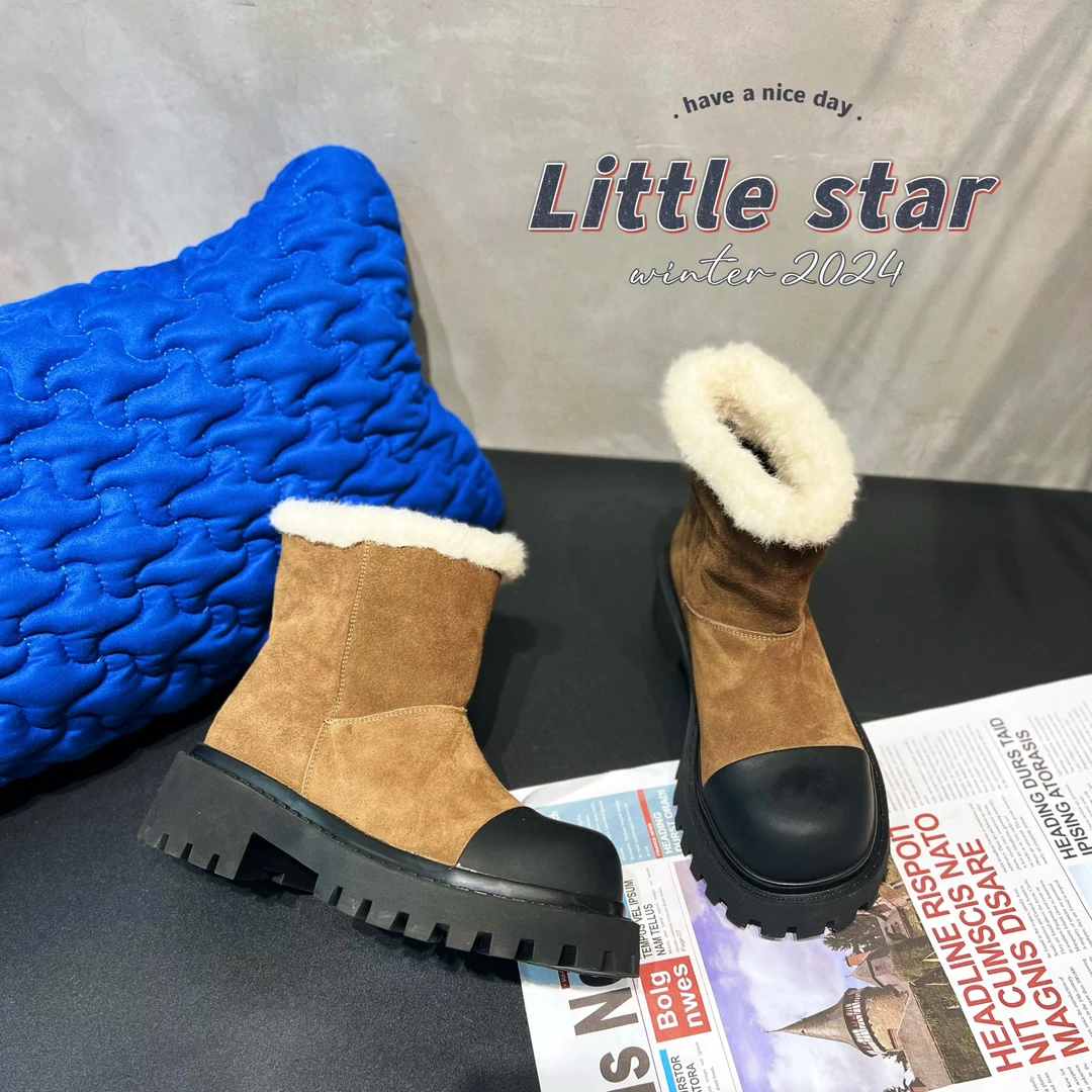 1019-30（加绒）磨砂拼接显瘦毛毛雪地靴跟高5.5筒高15厚底加厚棉鞋