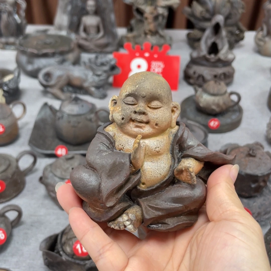 青***雨摆件全手捏柴烧茶器