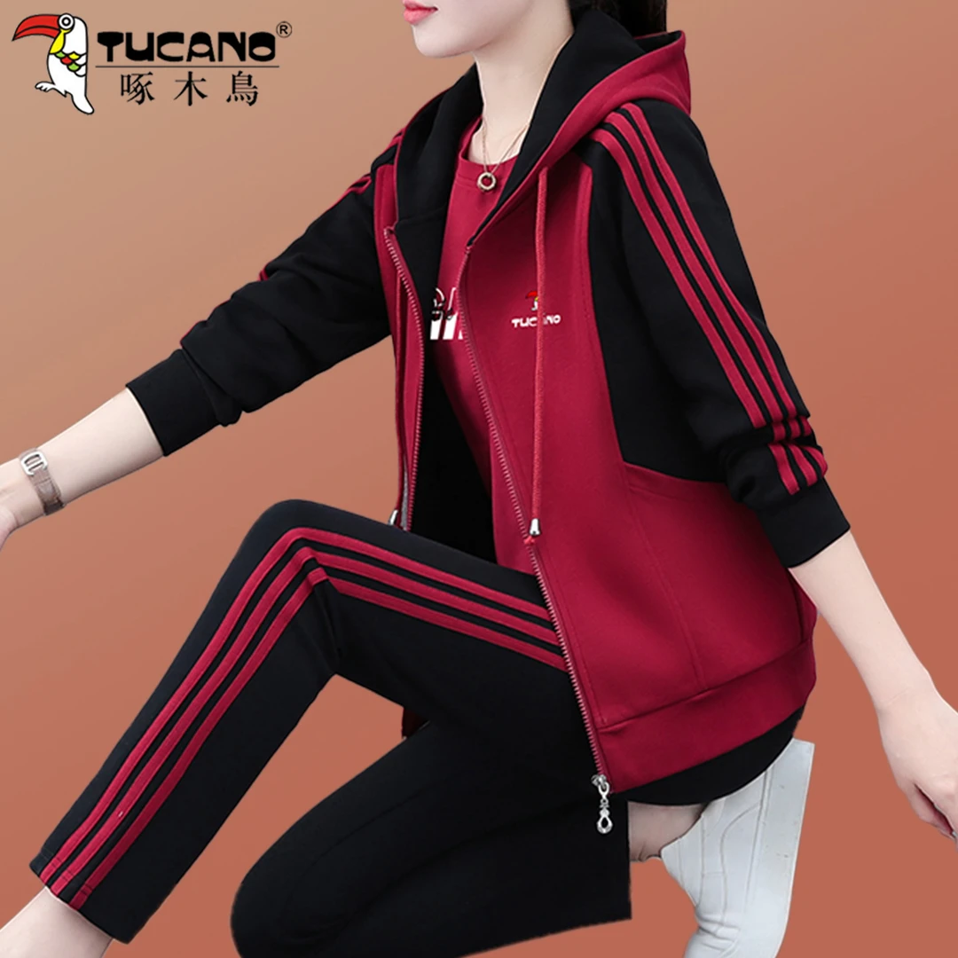 【官方】啄木鸟中年秋装三件套运动套装2025新款女士春秋洋气休闲服