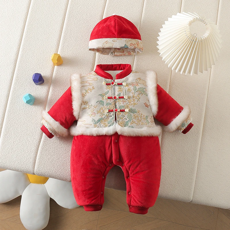 婴儿冬季中国风加绒加厚满月百天外出爬服宝宝拜年服喜庆拼接连体