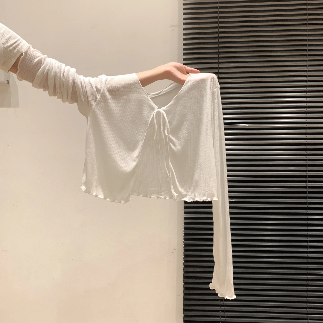 纯欲薄款木耳边长袖开衫T恤女夏新款时尚冰丝凉感系带设计感上衣