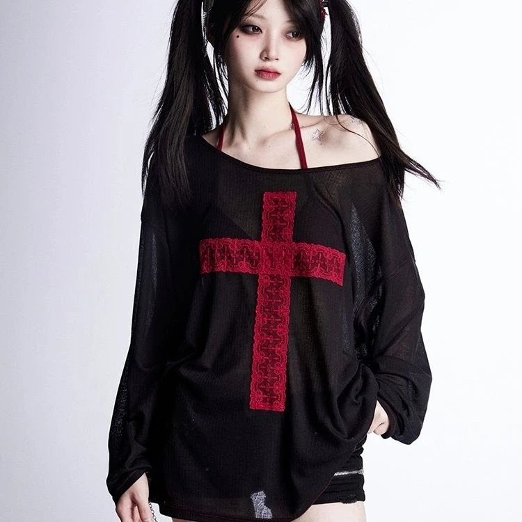 性感露肩微透罩衫t恤女夏季防晒衣宽松显瘦长袖内搭打底衫上衣