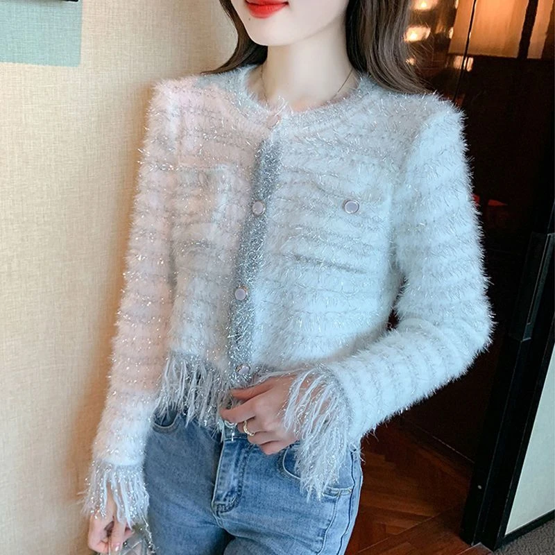 小香风亮丝流苏针织开衫女春欲辣妹短款上衣设计感小众毛衣外套