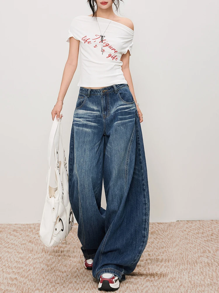 美式复古弯刀牛仔裤女秋季设计感宽松直筒阔腿梧桐拖地镰刀长裤子