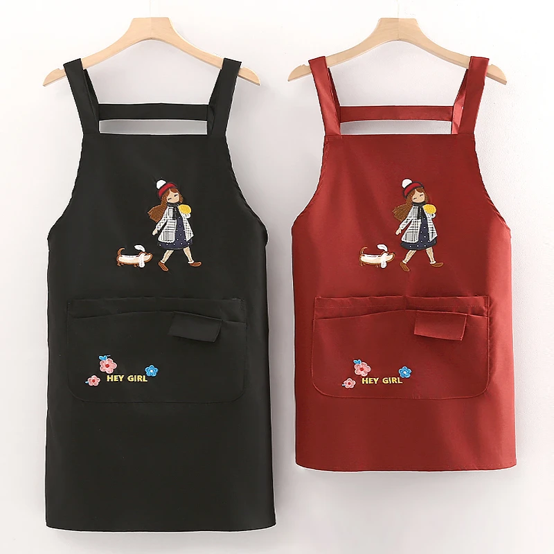 时尚简约小个子长短款精美刺绣背带围裙厨房专用高颜值防污工作服