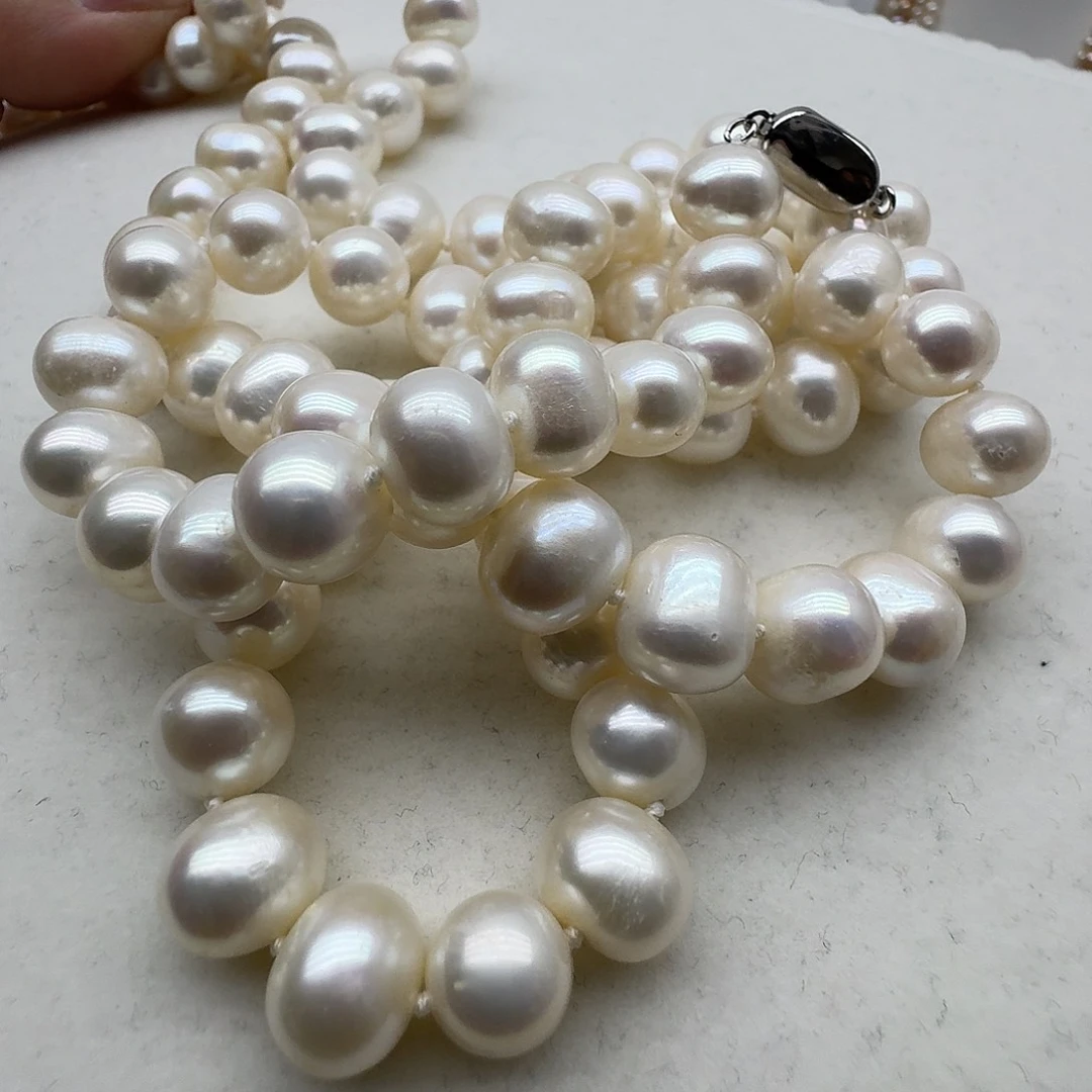淡水珍珠颈饰银S925镶嵌9-10近圆微瑕90厘米