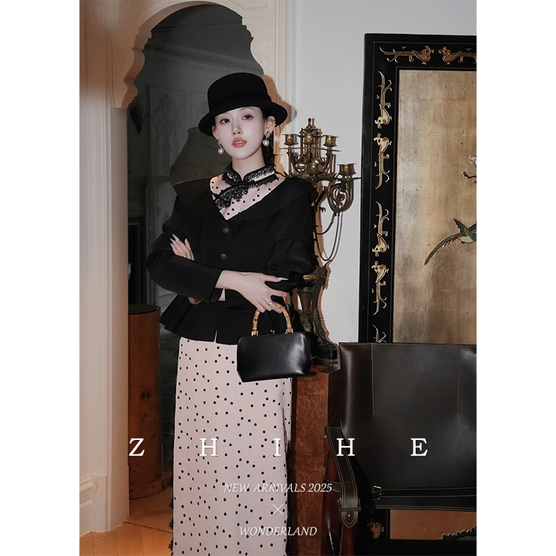 无艳一禾【安琪密语】民国千金波尔卡圆点蕾丝旗袍连衣裙+外套