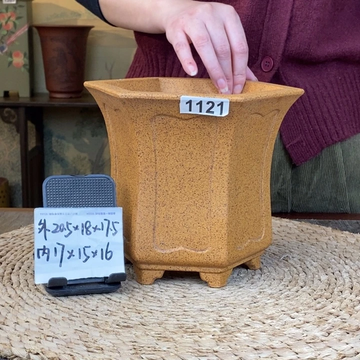 紫砂花盆  放漏柴烧内奎面束腰六方1121