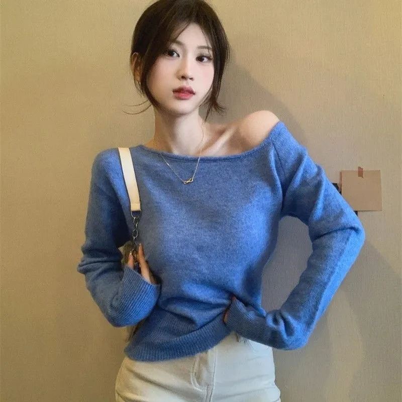 蓝色不规则斜肩毛衣针织衫女秋季新款韩系短款长袖打底衫上衣