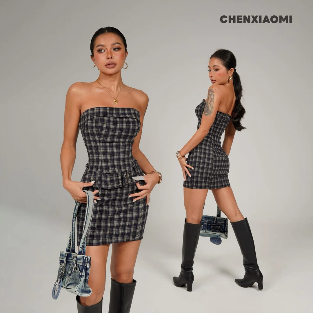 【蜜蜜家】千岛森会 欧美辣妹时尚性感复古格子连衣裙短裙 25/Y648