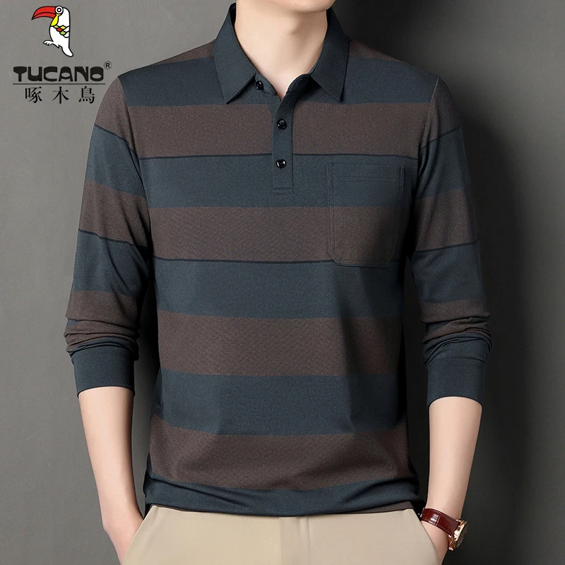 啄木鸟春秋新款男士长袖T恤休闲薄款翻领POLO衫宽松打底条纹上衣