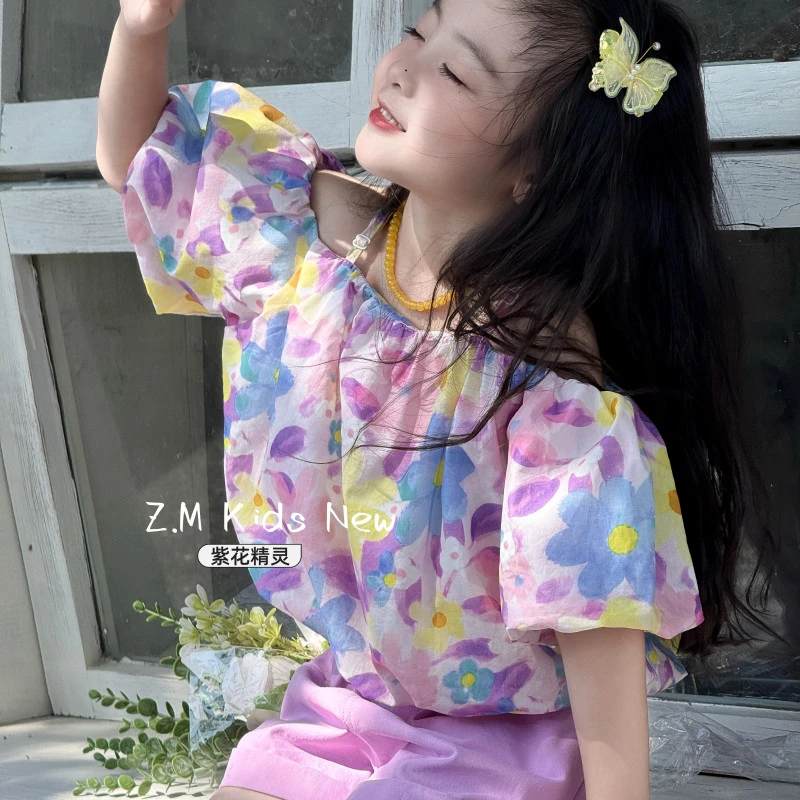 【紫花精灵】2025夏季吊带上衣短裤紫色花朵套装女童两件套B-58394