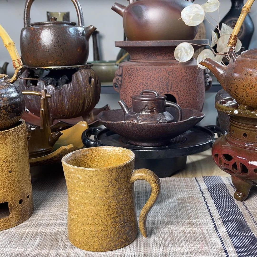 碟紫砂粗陶实用茶杯