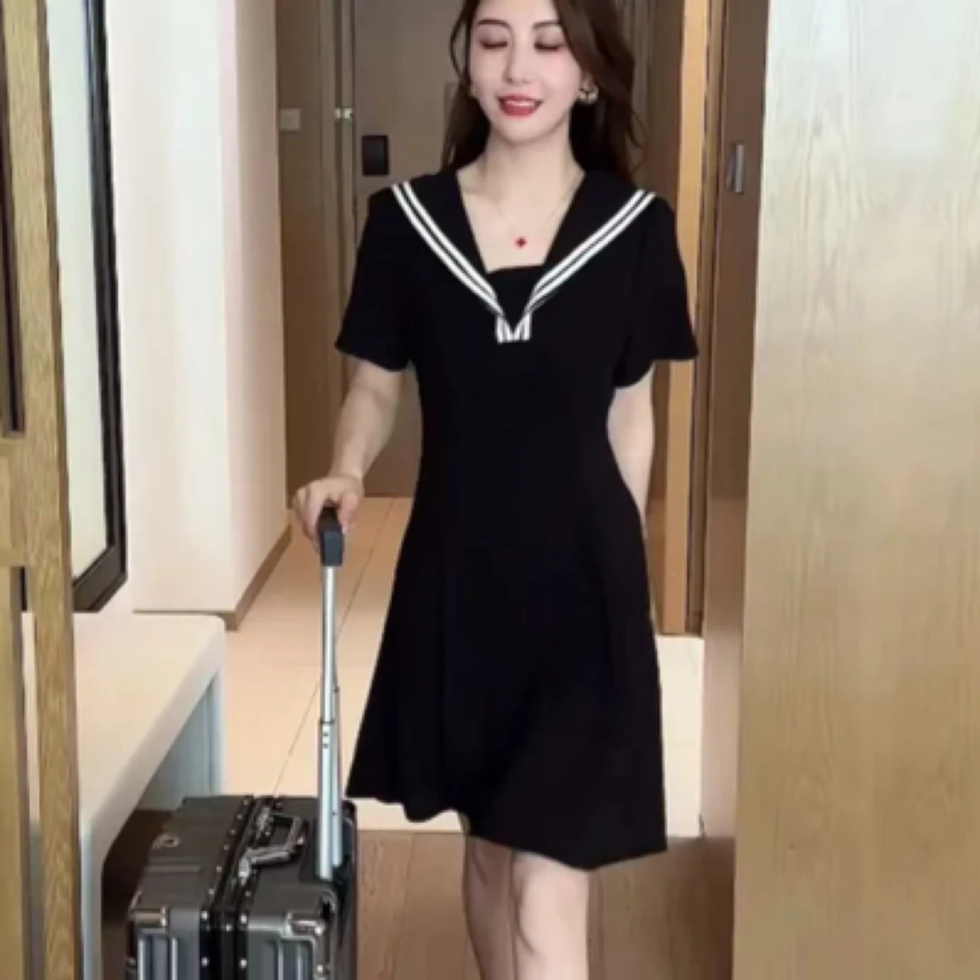 63209#【裙长90】夏季新款海军领撞色收腰显瘦小个子减龄小黑裙