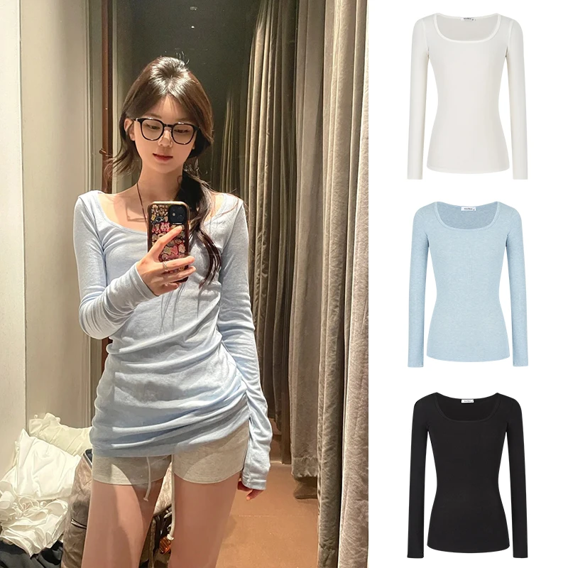 Moses Queen/魔西女王蓝色纯欲性感方领长袖T恤修身U领薄款打底衫