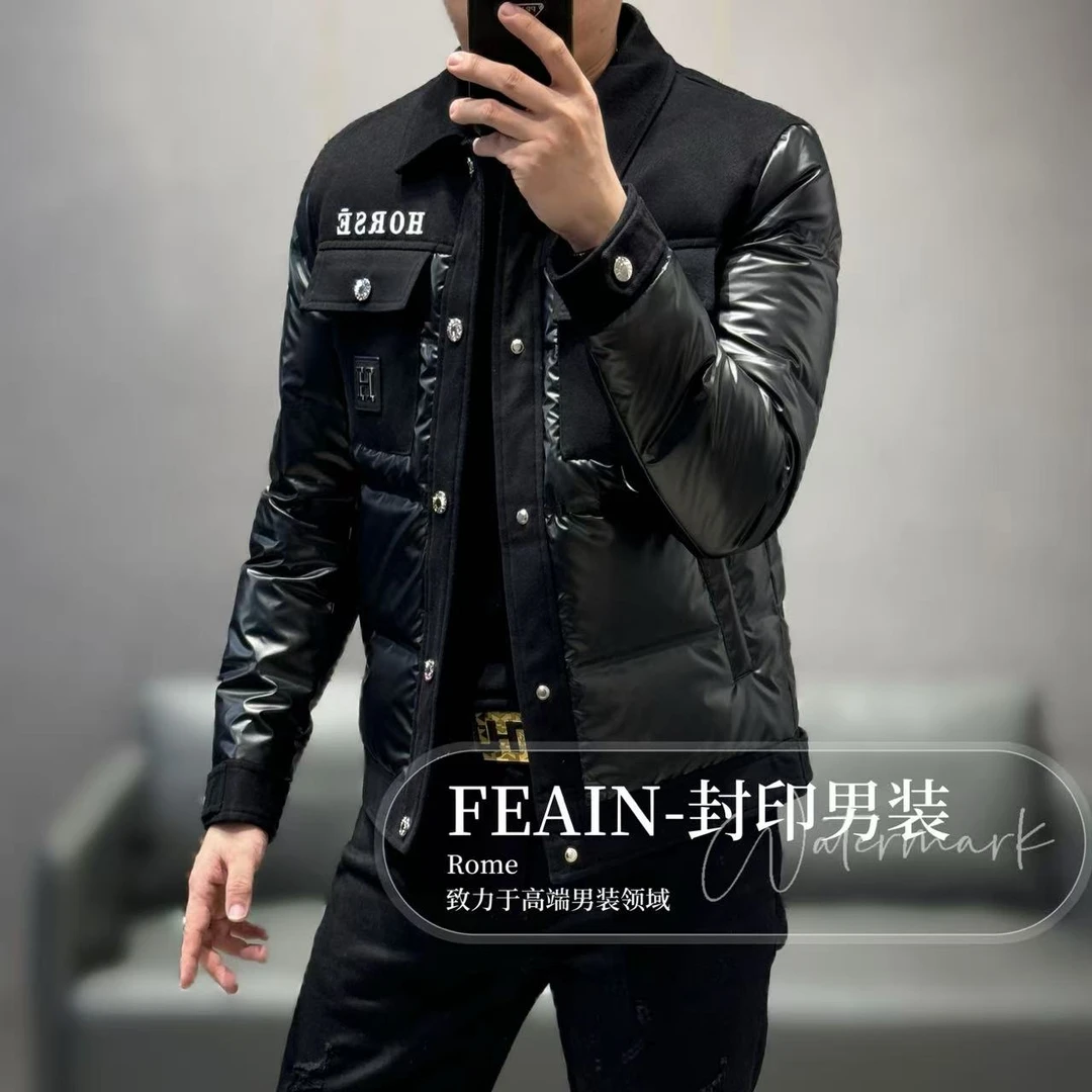 高端定制全手工立体拼接刺绣牛仔男士羽绒服88050