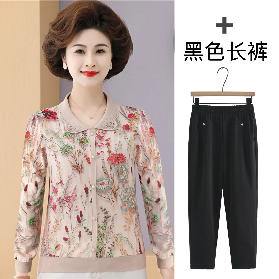中老年女装秋季新款翻领长袖T恤中年妈妈早秋加凉打底衫春秋套装