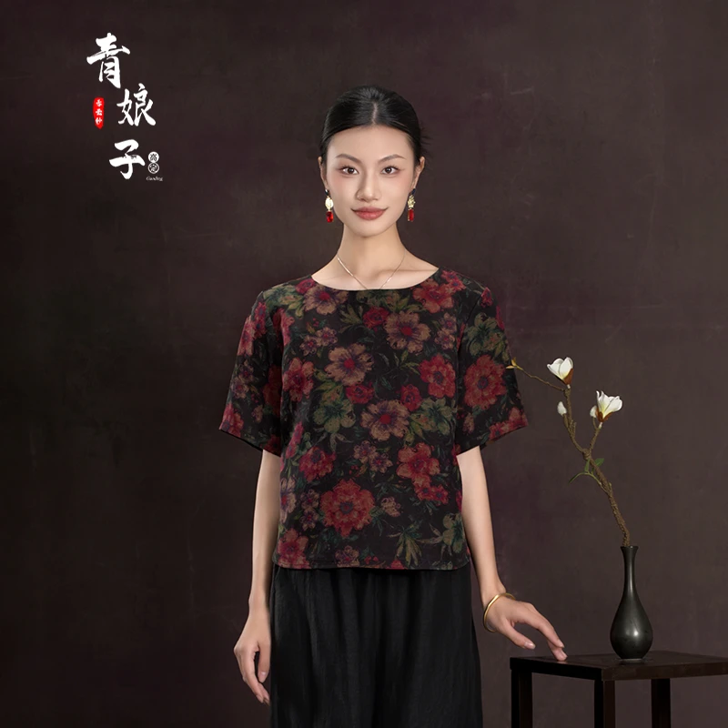 青娘子香云纱（浠妤‌）国风春夏休闲圆领碎花中式宽松短袖上衣60098